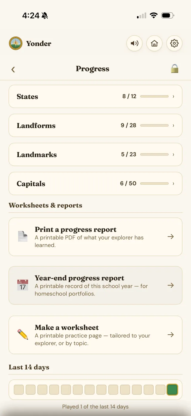 The parent progress screen — coverage bars, printable reports, and worksheets
